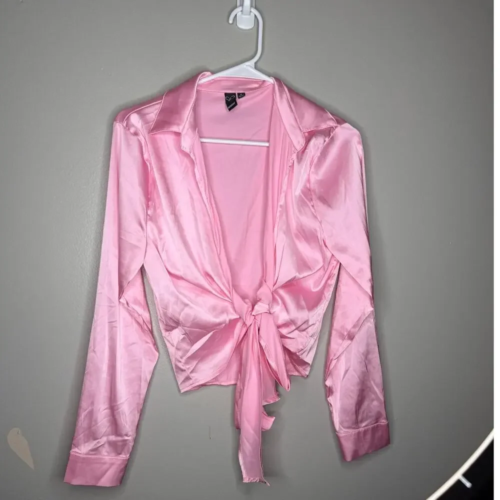 Pink Satin Tie-Front Blouse | Windsor | Y2K Inspired Going Out Top - Picture 2 of 6